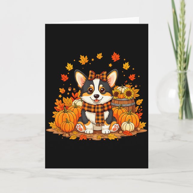 Cute Autumn Corgi Dog With Pumpkins And Plaid F Fa Karte (Vorderseite)