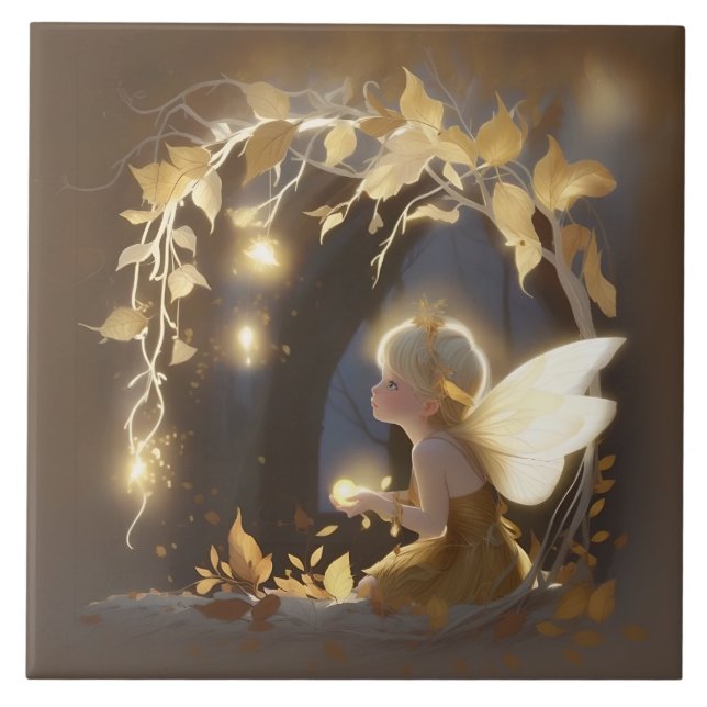 Cute Autumn Fairy with Glowing Flowers Fliese (Vorderseite)