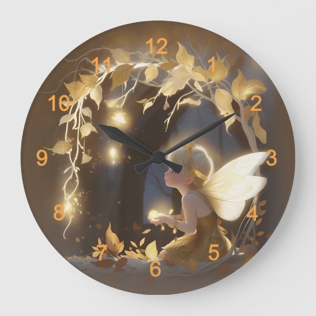 Cute Autumn Fairy with Glowing Flowers Große Wanduhr (Vorderseite)