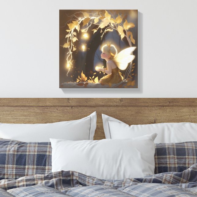 Cute Autumn Fairy with Glowing Flowers Leinwanddruck (Insitu (Schlafzimmer))