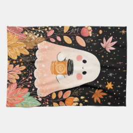 Cute Autumn Ghost with Pumpkin Coffee – Cozy Fall Geschirrtuch