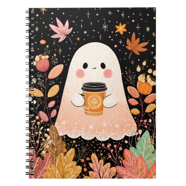 Cute Autumn Ghost with Pumpkin Coffee – Cozy Fall  Notizblock (Vorderseite)