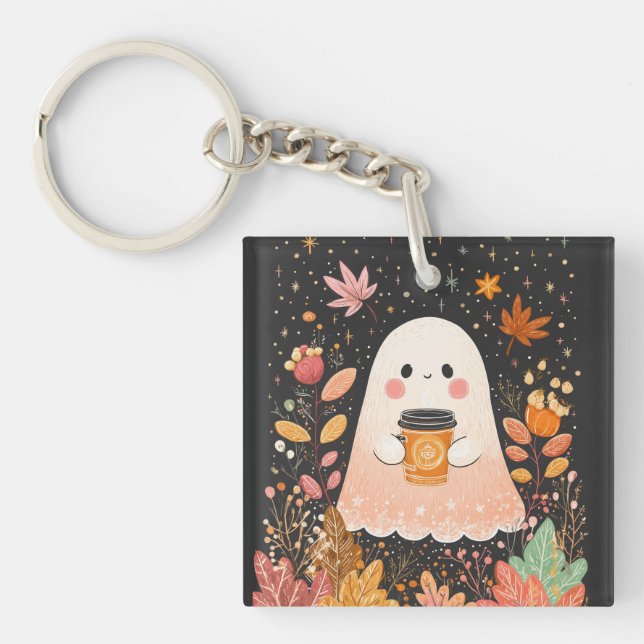 Cute Autumn Ghost with Pumpkin Coffee – Cozy Fall  Schlüsselanhänger (Vorderseite)