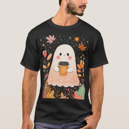 Cute Autumn Ghost with Pumpkin Coffee – Cozy Fall T-Shirt