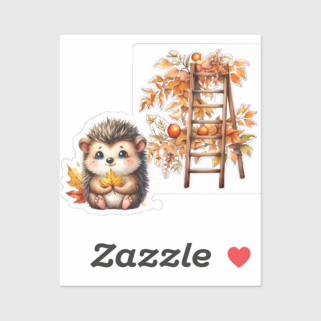 Cute Autumn Hedgehog with Harvest Ladder Illustrat Aufkleber (Blatt)