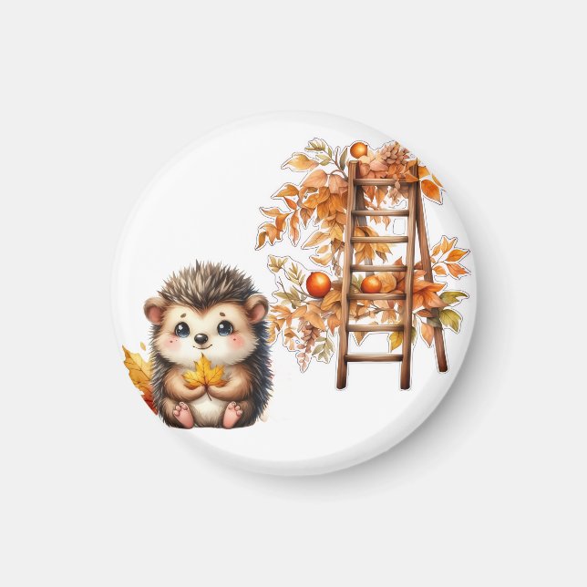 Cute Autumn Hedgehog with Harvest Ladder Illustrat Magnet (Vorne)