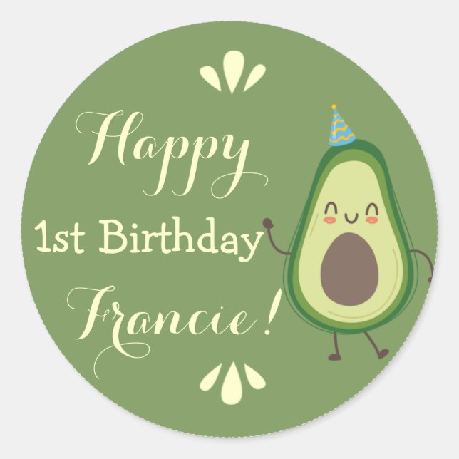 Cute Avocado Personalize Colorful 1st Birthday Runder Aufkleber (Vorderseite)