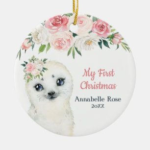 Cute Baby 1st First Christmas Blush Floral Seal Keramik Ornament