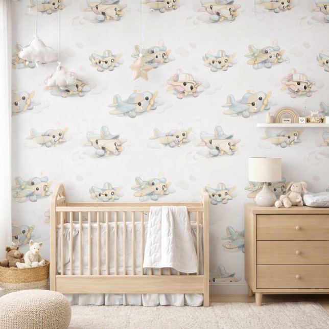 Cute Baby Airplanes Watercolor Nursery Baby Room Tapete (Von Creator hochgeladen)