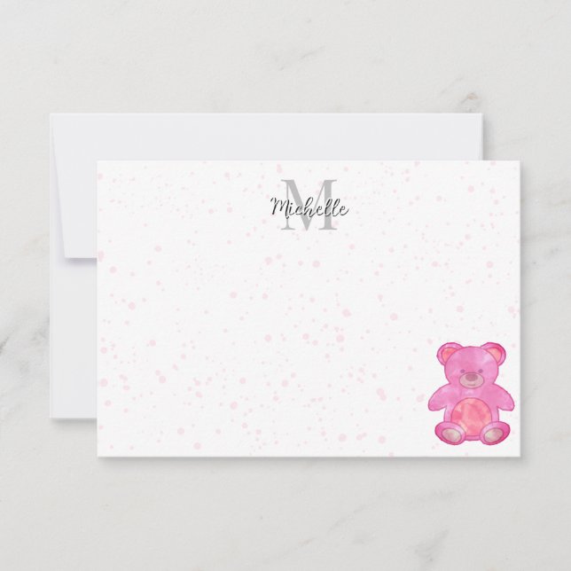 Cute Baby Bear In Pink Custom Monogram  Mitteilungskarte (Vorderseite)