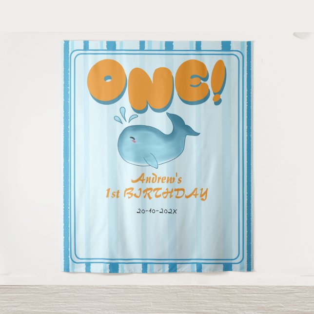 Cute Baby Blue Whale 1st Birthday Backdrop Wandteppich (Vorderseite)