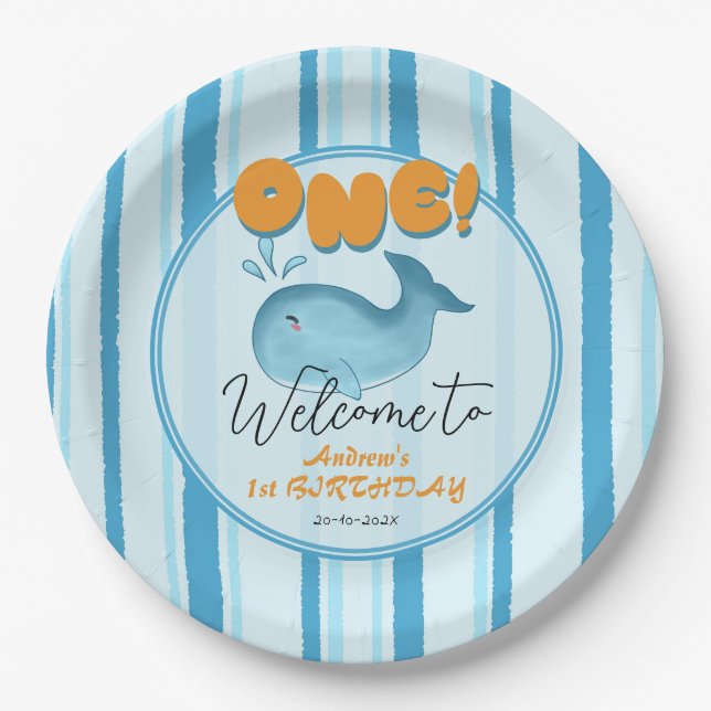 Cute Baby Blue Whale 1st Birthday Pappteller (Vorderseite)
