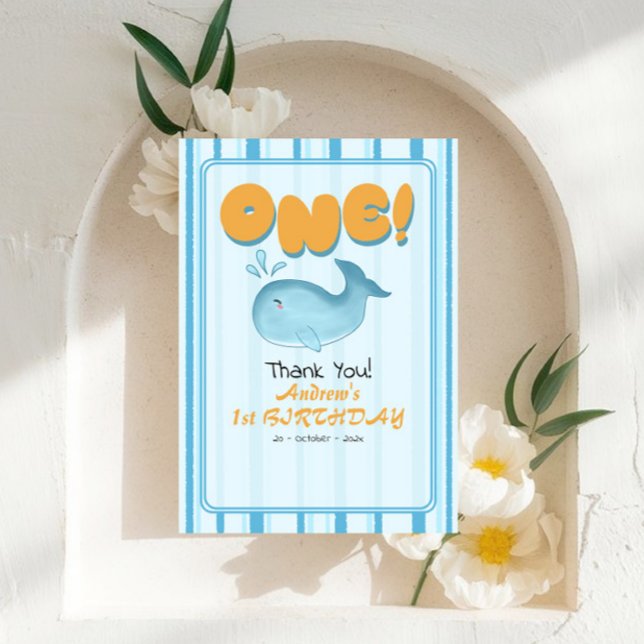 Cute Baby Blue Whale 1st Birthday Stripes Dankeskarte (Von Creator hochgeladen)