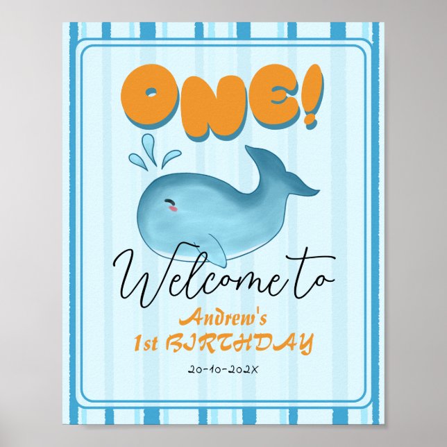 Cute Baby Blue Whale 1st Birthday Welcome Sign Poster (Vorne)