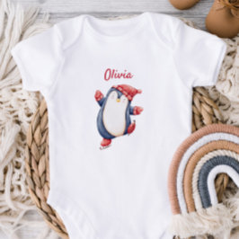 Cute Baby Bodysuit With An Ice Skating Penguin Strampler