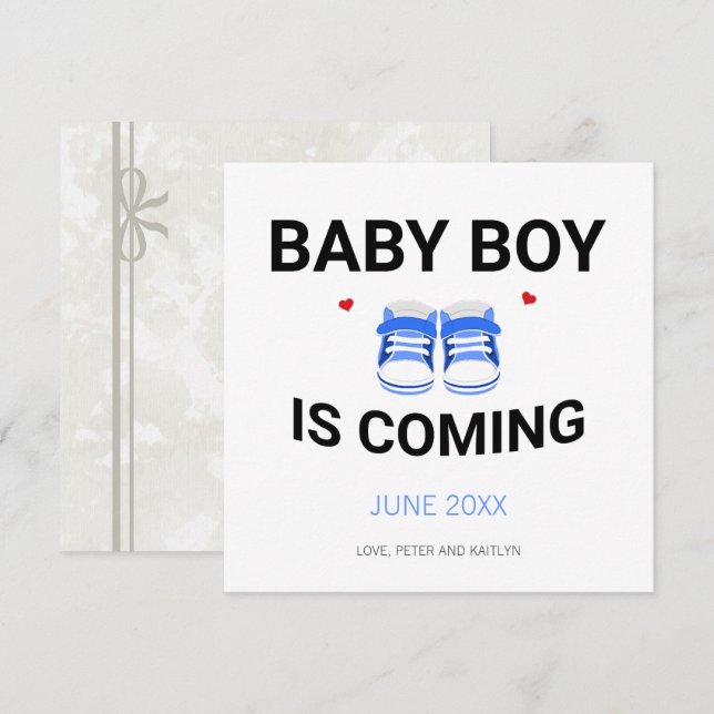 Cute Baby Boy Shoes Coming Soon Blue Pregnancy Ankündigung (Vorne/Hinten)