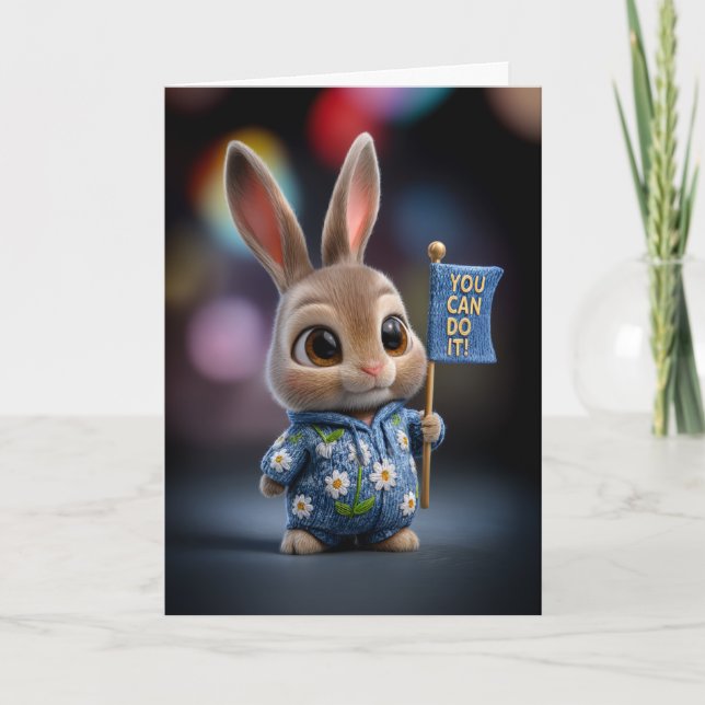 Cute Baby Bunny in Daisy Romper Encouragement Karte (Vorderseite)