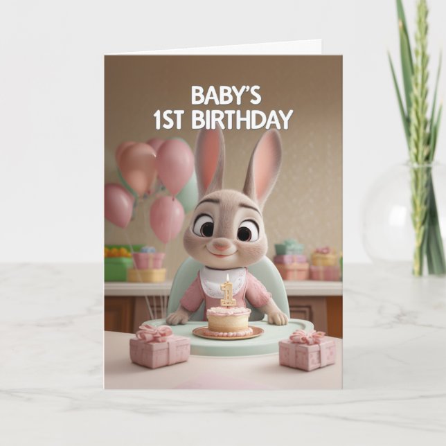 Cute Baby Bunny in Pink Celebrating 1st Birthday Karte (Vorderseite)