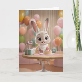 Cute Baby Bunny w/ Cake and Balloons 1st Birthday Karte