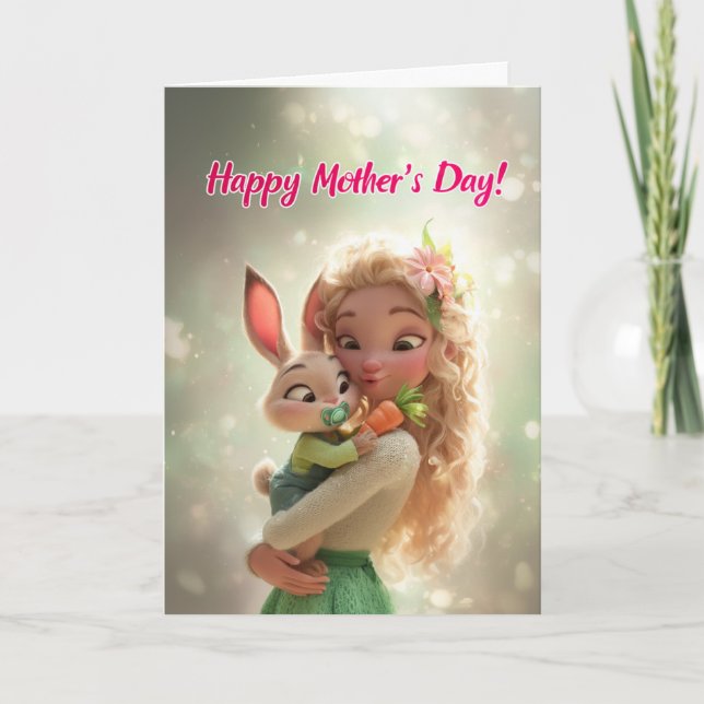 Cute Baby Bunny w/ Carrot for Happy Mama's Day Karte (Vorderseite)