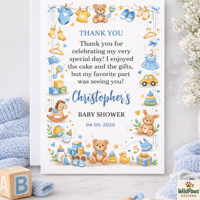 Cute Baby Clothes & Toys Boy Baby Shower Dankeskarte (Cute Baby Clothes & Toys Boy Baby Shower Thank You Card
)