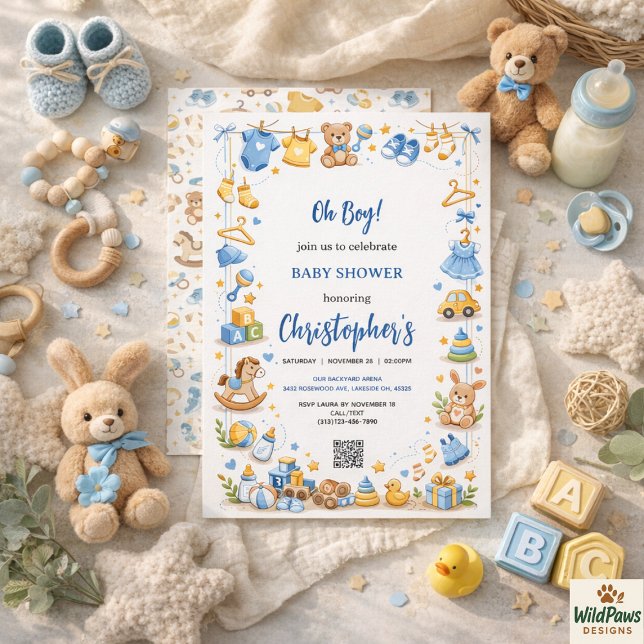 Cute Baby Clothes & Toys Boy Baby Shower Einladung (Cute Baby Clothes & Toys Boy Baby Shower Invitation
)