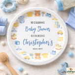 Cute Baby Clothes & Toys Boy Baby Shower Pappteller<br><div class="desc">Cute boy baby shower paper plates with baby clothes and toys theme. Perfect tableware for baby boy shower party decorations. Make your party table extra cute with these boy baby shower paper plates featuring adorable baby clothes and toy illustrations. Perfect for serving cake, snacks, and party treats, these charming plates...</div>
