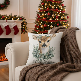 Cute Baby Deer Merry Christmas – Watercolor Fawn Kissen