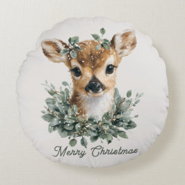 Cute Baby Deer Merry Christmas – Watercolor Fawn Rundes Kissen