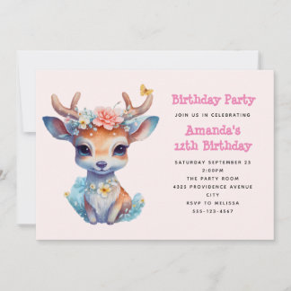 Cute Baby Deer mit Geweih und Blumen Geburtstag Einladung