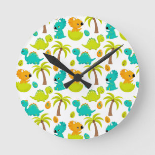 Cute Baby Dinosaur Triceratops Dino Eggs Palm Tree Runde Wanduhr