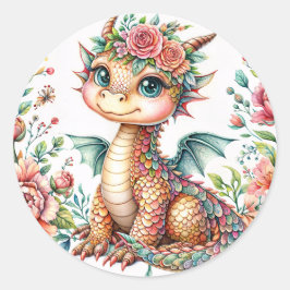 Cute Baby Dragon Blossoms – Floral Watercolor Runder Aufkleber