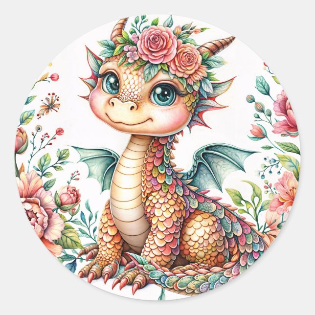 Cute Baby Dragon Blossoms – Floral Watercolor Runder Aufkleber (Vorderseite)