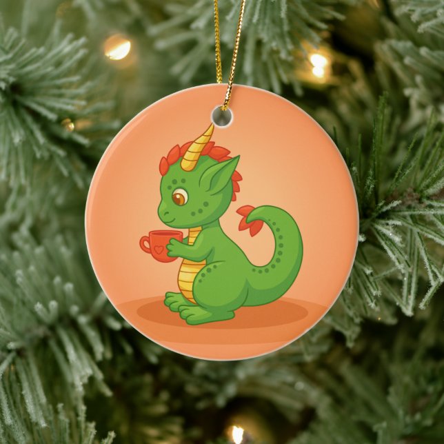 Cute Baby Dragon Holding Cup on Orange Keramik Ornament (Baum)