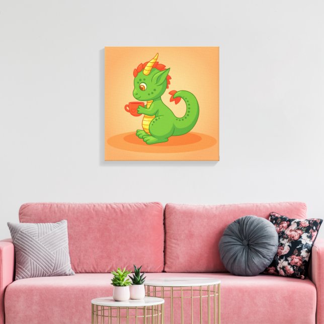 Cute Baby Dragon Holding Cup on Orange Leinwanddruck (Insitu (Wohnzimmer))