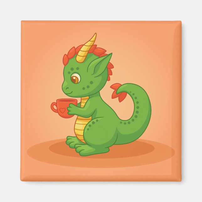 Cute Baby Dragon Holding Cup on Orange Magnet (Vorne)