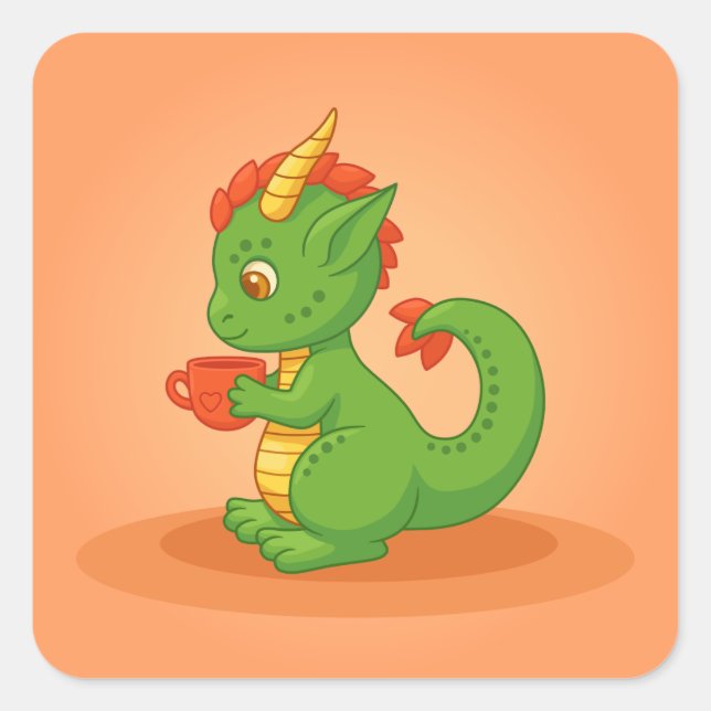 Cute Baby Dragon Holding Cup on Orange Quadratischer Aufkleber (Vorderseite)