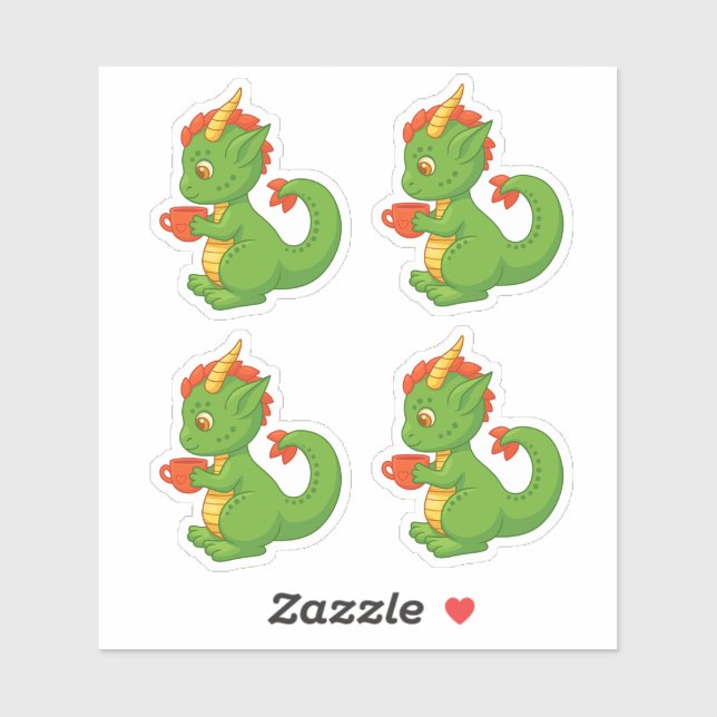 Cute Baby Dragon Holding Cup Set of 4 Sticker (Blatt)
