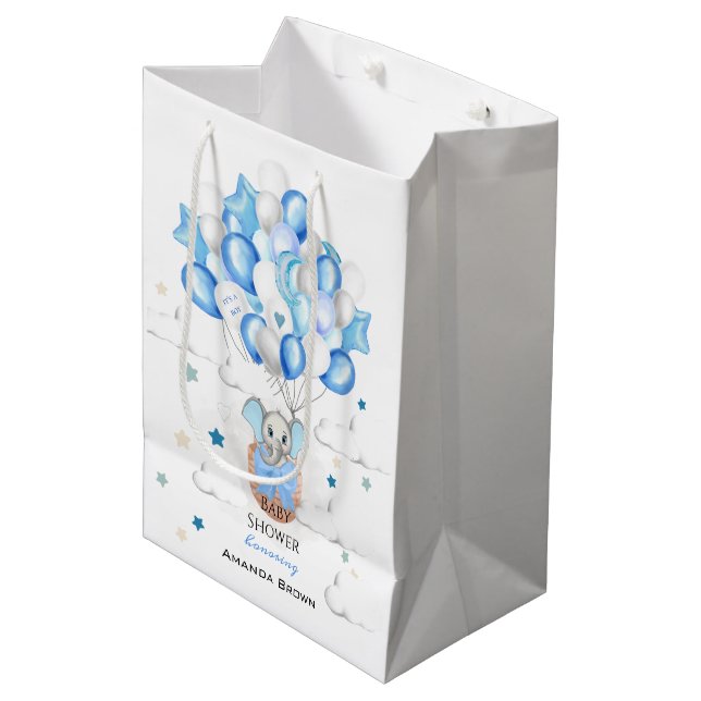 Cute Baby Elephant Balloons Basket Boy Baby Shower Mittlere Geschenktüte (Vorderseite Schrägansicht)