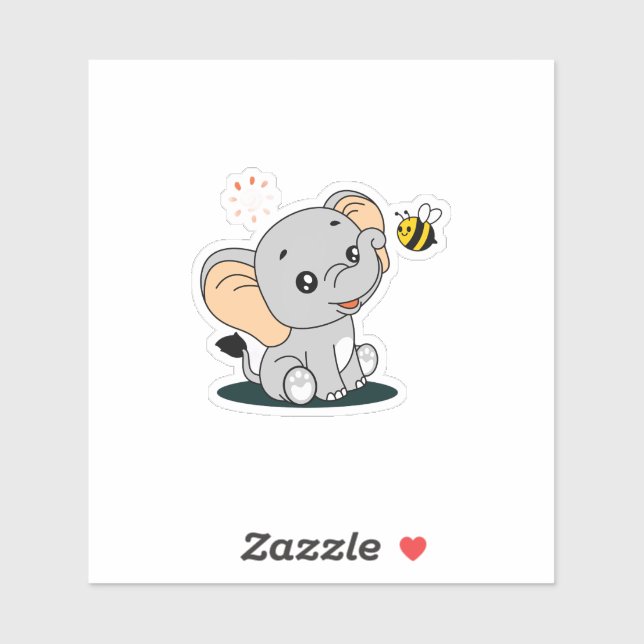 Cute Baby Elephant with Bee Cartoon Vinyl Sticker (Blatt)