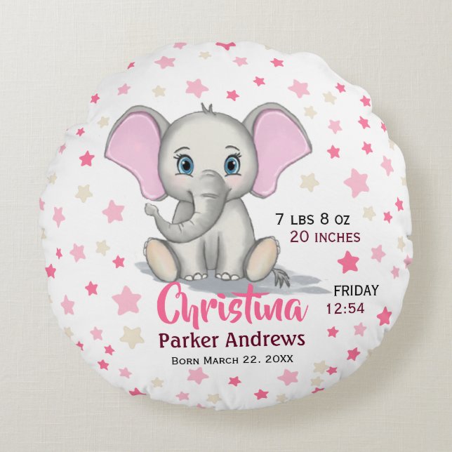 Cute Baby Elephant with Pink Ears Girl Birth Stats Rundes Kissen (Vorderseite)