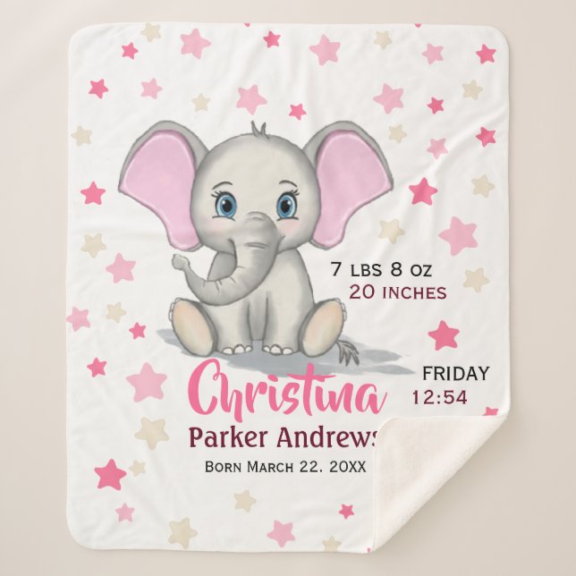 Cute Baby Elephant with Pink Ears Girl Birth Stats Sherpadecke (Vorderseite)