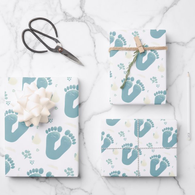 Cute Baby Footprints Blue Boy Theme Geschenkpapier Set (Vorderseite)