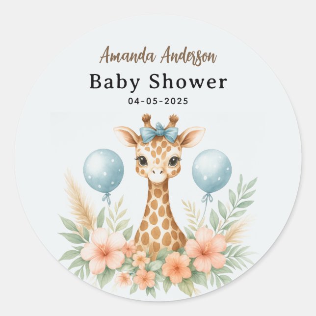 Cute Baby Giraffe Boy Baby Shower | Blue Safari Runder Aufkleber (Vorderseite)