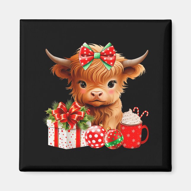 Cute Baby Highland Cow Merry Christmas Farmer Cow  Magnet (Vorne)