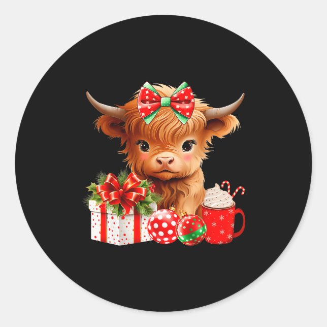 Cute Baby Highland Cow Merry Christmas Farmer Cow  Runder Aufkleber (Vorderseite)