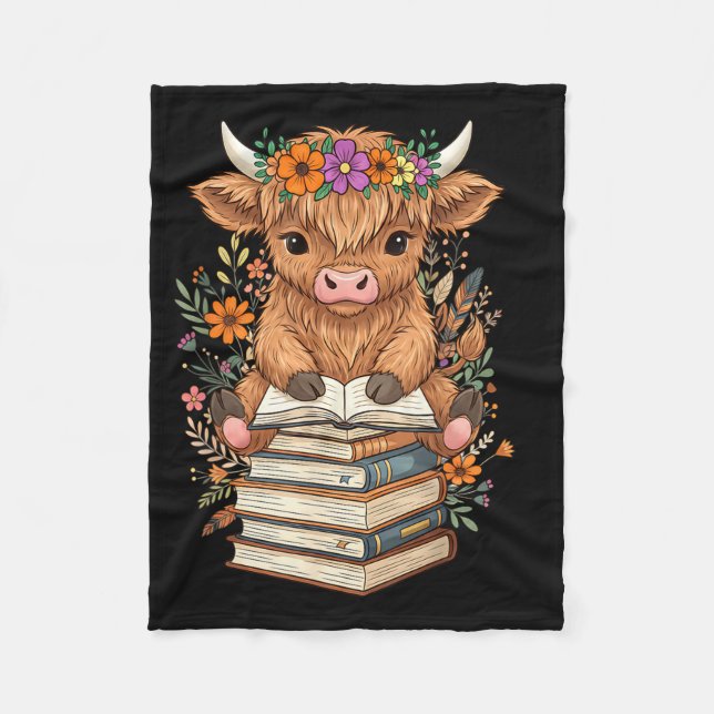 Cute Baby Highland Cow Reading Book Librarian Book Fleecedecke (Vorderseite)