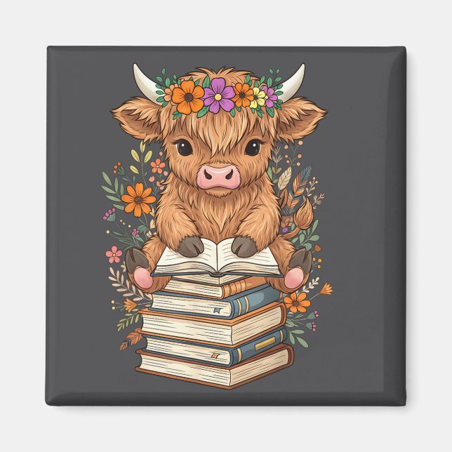 Cute Baby Highland Cow Reading Book Librarian Book Magnet (Vorne)