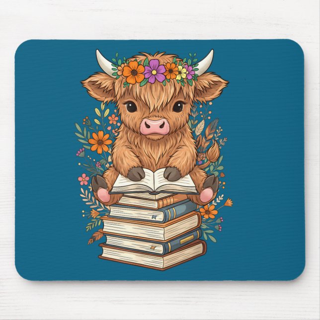 Cute Baby Highland Cow Reading Book Librarian Book Mousepad (Vorne)