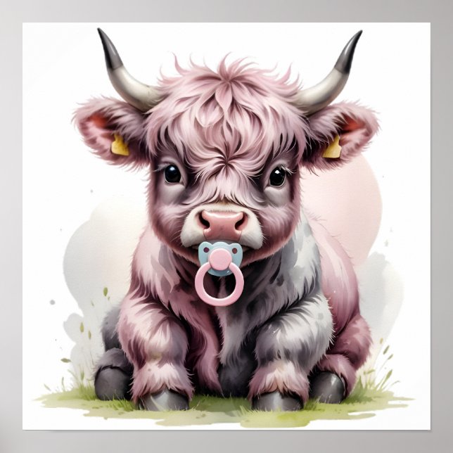 Cute Baby Highland Cow with Flowers – Farm Nursery Poster (Vorne)